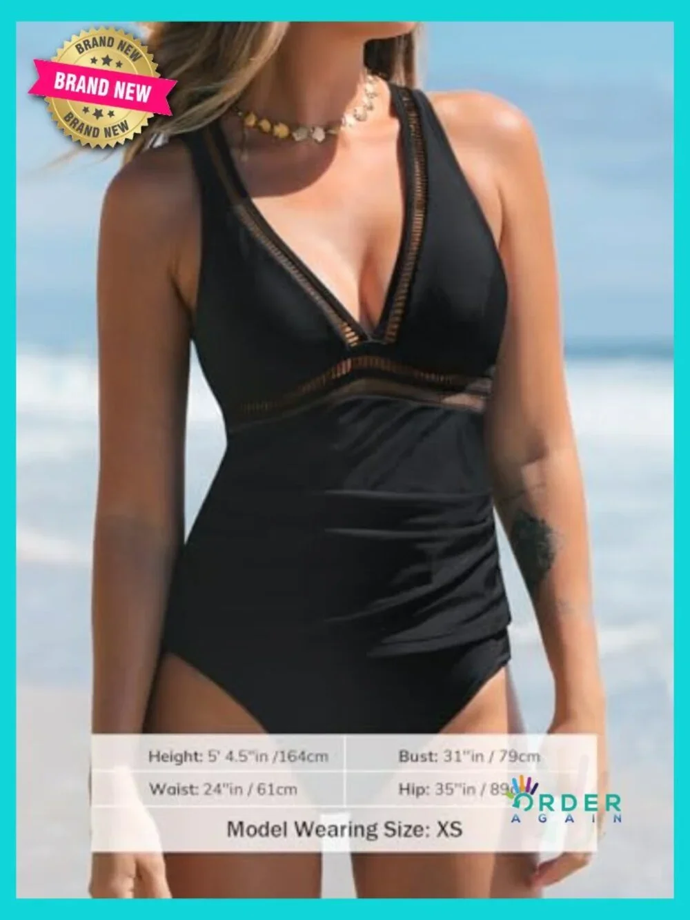 V Neck Tankini Set Mesh Crisscross Back Adjustable Straps Two Piece Swimwear